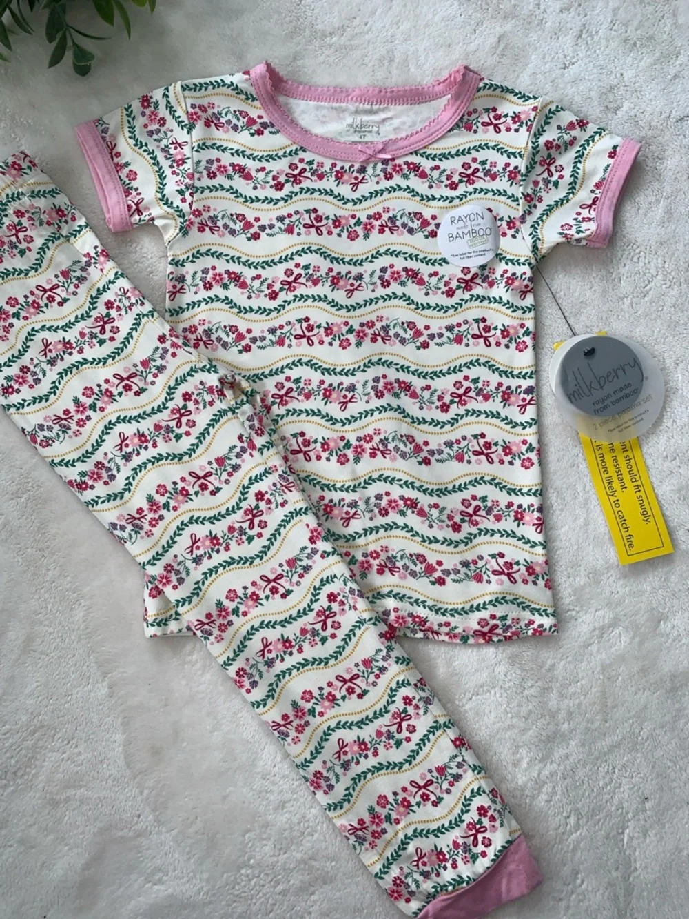 NWT Milkberry Pink & Green Floral Pajama Set 4T Bamboo Loungewear